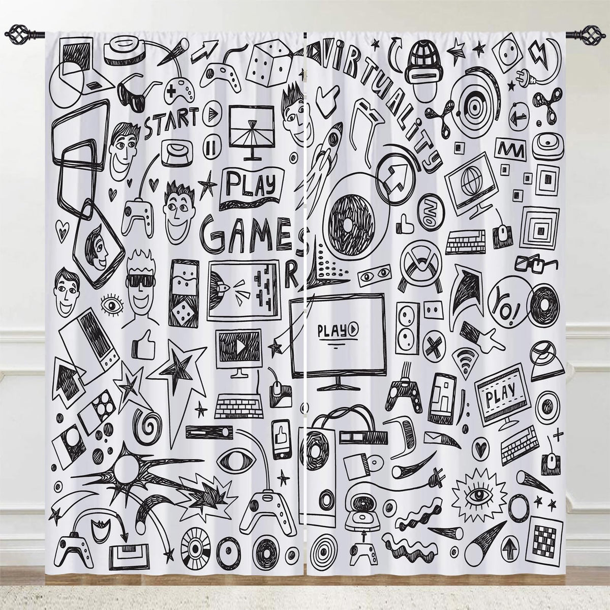 YUANZU Video Game Curtains W42 x L63 Inch Rod Pocket Kids Computer Gamepad Sports Rocket Teen 90's Print Pattern Privacy Fabric Window Drapes for Boys Girls Bedroom Nursery Baby Playroom 2 Panels