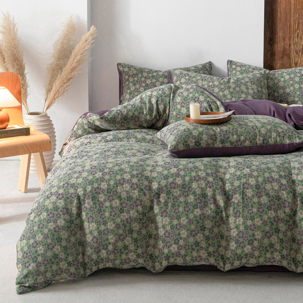 VM VOUGEMARKET Green & Purple Floral Jacquard Duvet Cover Set Queen,Breathable Double Layer Gauze Farmhouse Style Bedding Set for Home
