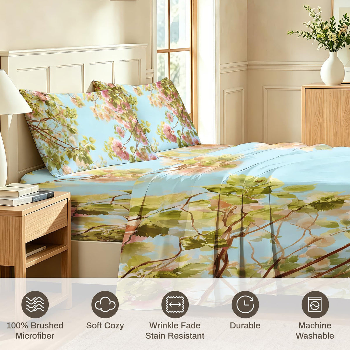 Spring Flower Bedding Set 4 Pcs Blue Sky Floral California King Sheets