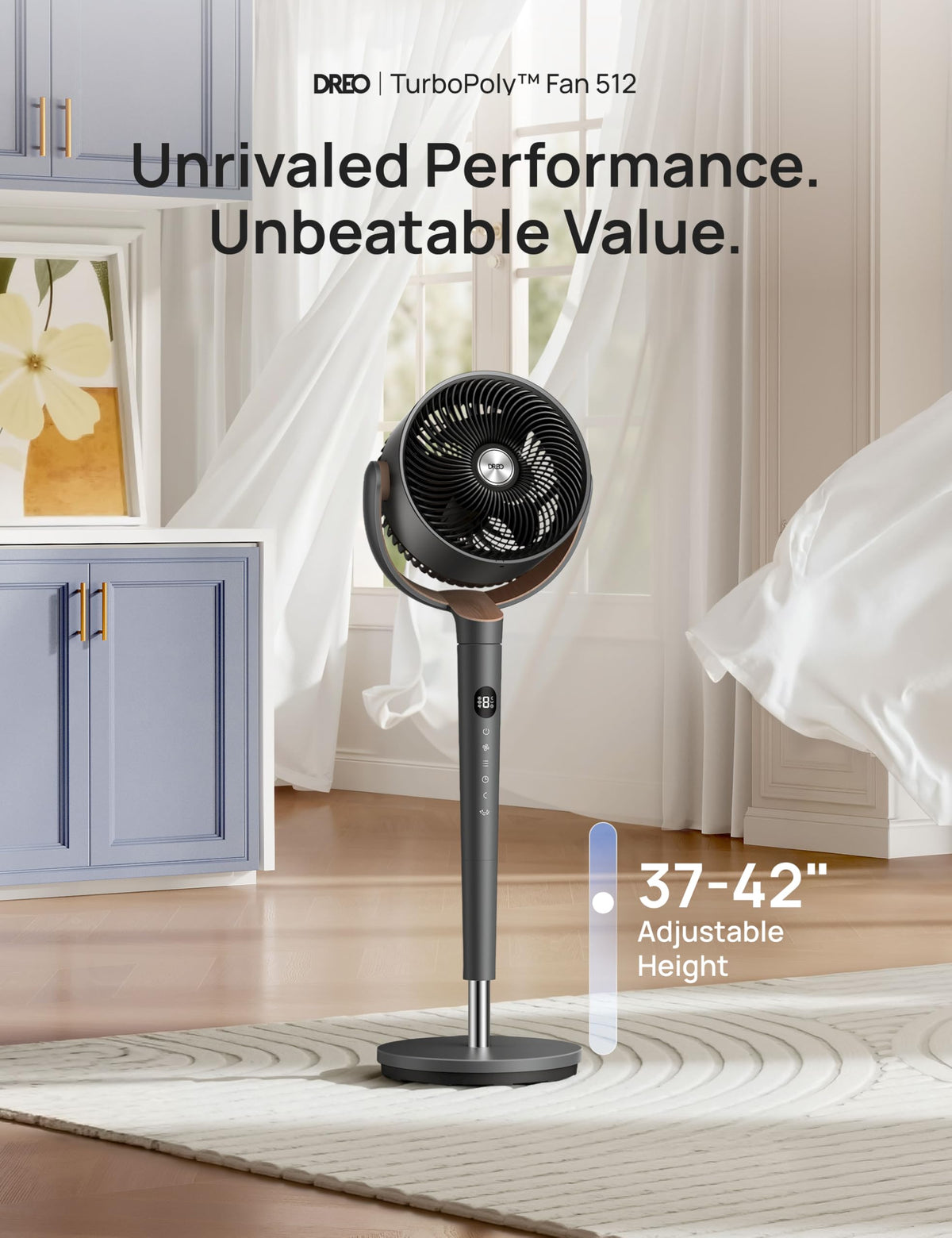 DREO Fan for Bedroom, 120° Oscillating Standing Fans, Quiet Floor Fan with DC Motor, 100ft Pedestal Fans for Room, 9 Speeds, 4 modes, 20dB, 120° Manual Vertical, 37-42" Adjustable Height, 9H Timer