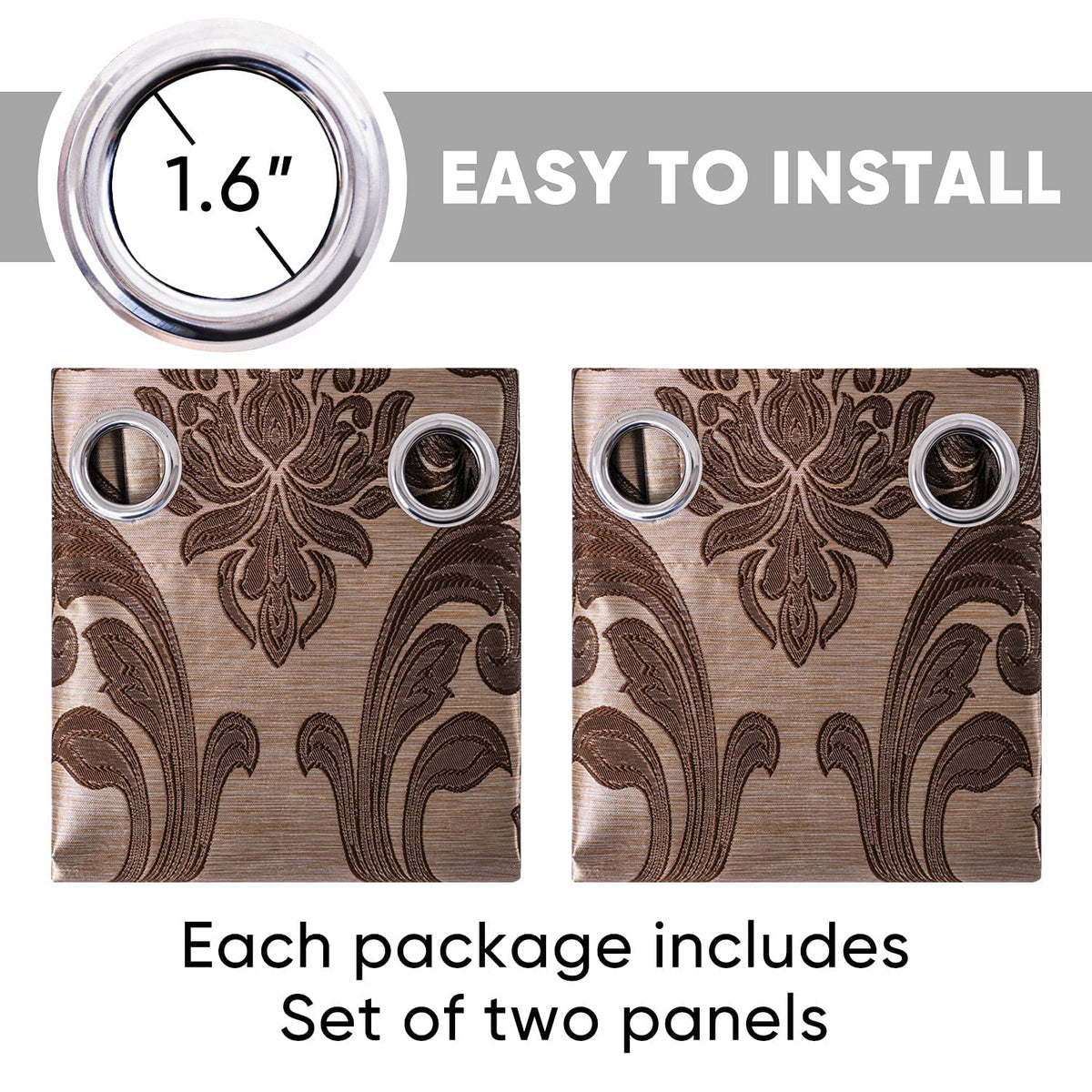 NAPEARL Brown Curtains for Living Room, Jacquard Curtain Drapes for Windows 84 Inch Length, Grommet Damask Curtains for Bedroom (2 Panels, Each 52 x 84 Inches)