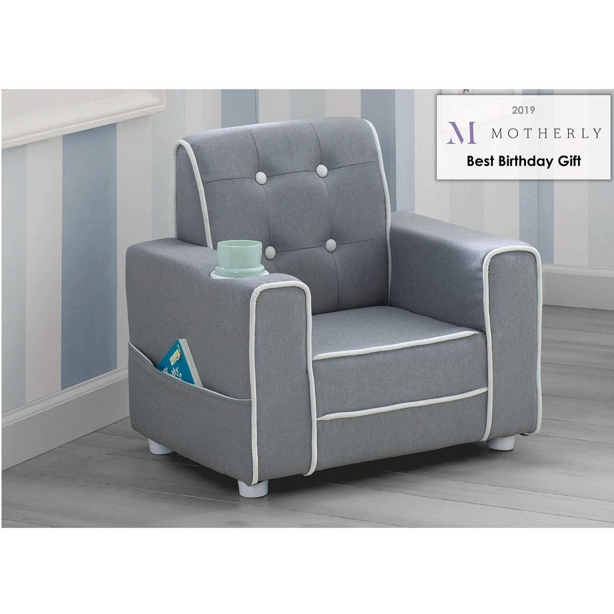 Delta Children Chelsea Kids Upholstered Chair with Cup Holder, Soft Grey