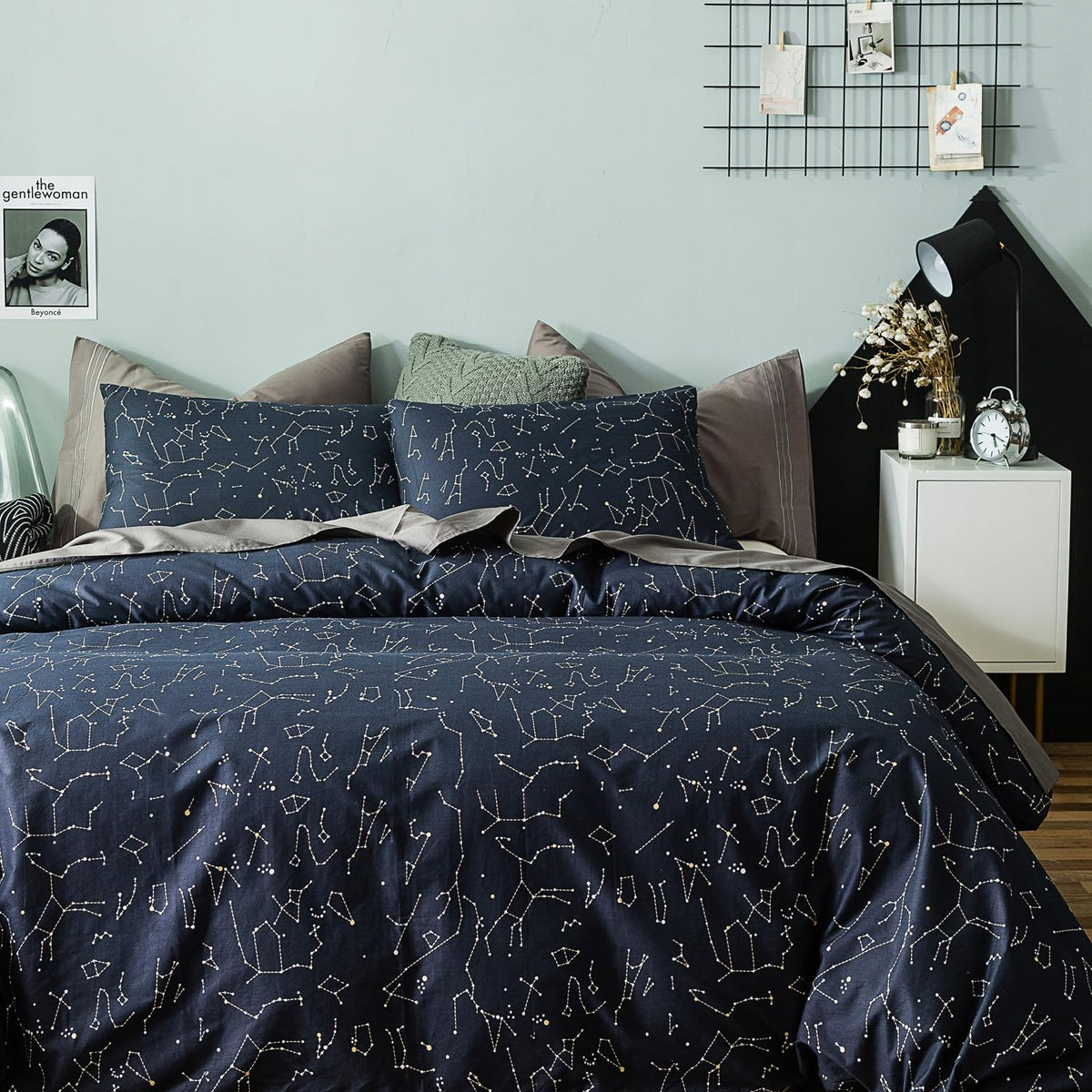YuHeGuoJi Navy Constellation Duvet Cover King 100% Cotton 3 Pcs Set 1 Blue Space Duvet Cover with Zipper Ties 2 Pillowcases Modern White Stars Galaxy Celestial Pattern Bedding Set Soft