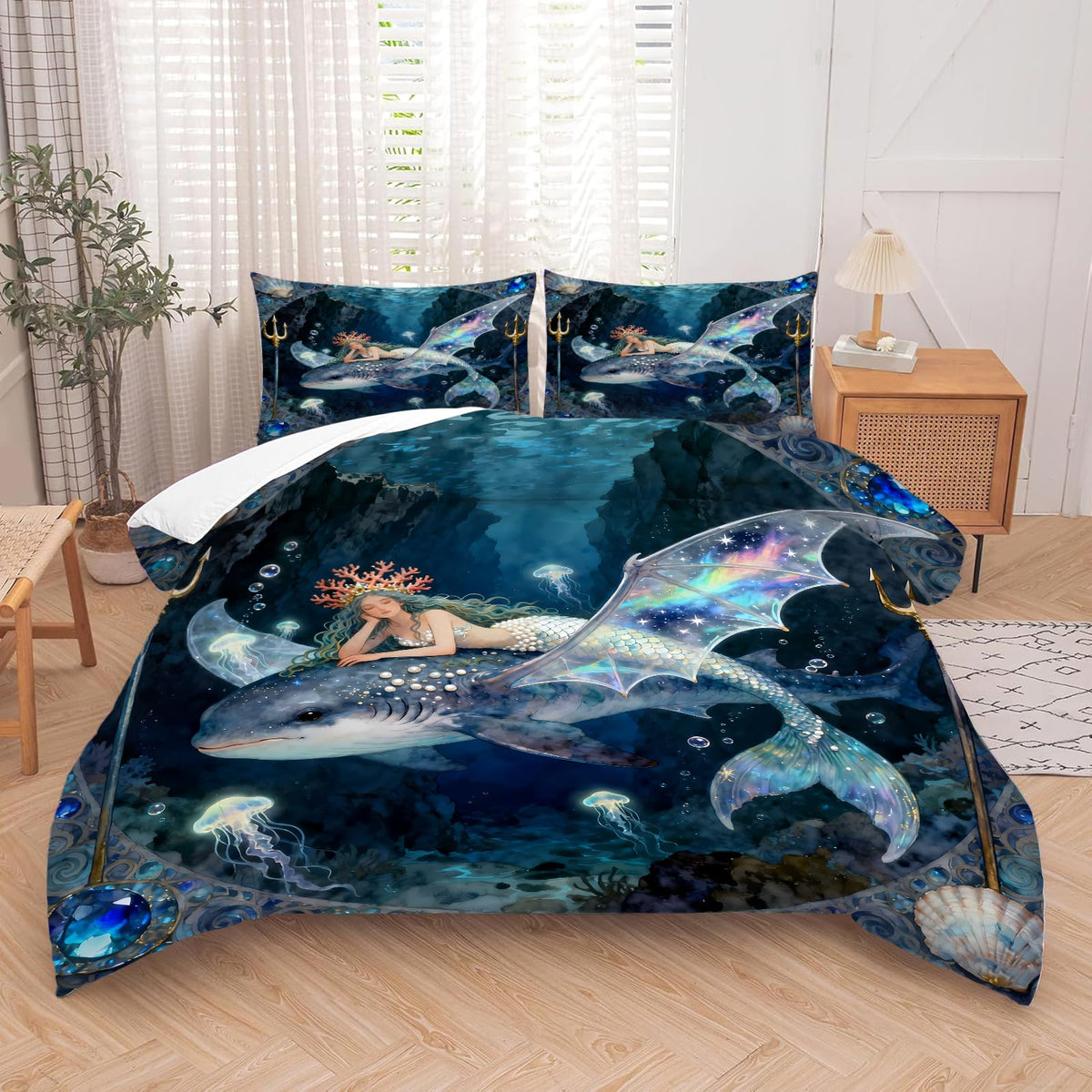 kxry Mermaid King Bedding Sets for Girls Kids, Ocean Fish Scales Quilt, Coastal Nautical Sea Animal Comforter Sets, Cute Jellyfish Duvet, Sparkle Mermaid Fish Scale Soft Comforter, 3 Pcs