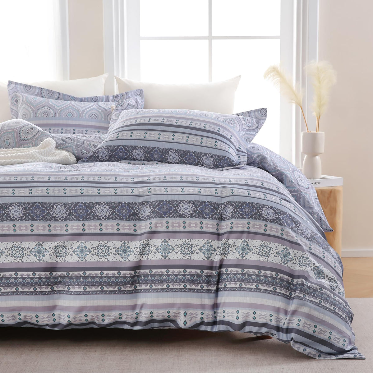 Ocharo Boho Duvet Cover King Size 100% Cotton,Reversible Duvet Cover Set with Bohemian Floral Striped Printed,Soft 3 Pieces Paisley Pattern Duvet Bedding Cover Set with 2 Pillow Shams,Grey Purple