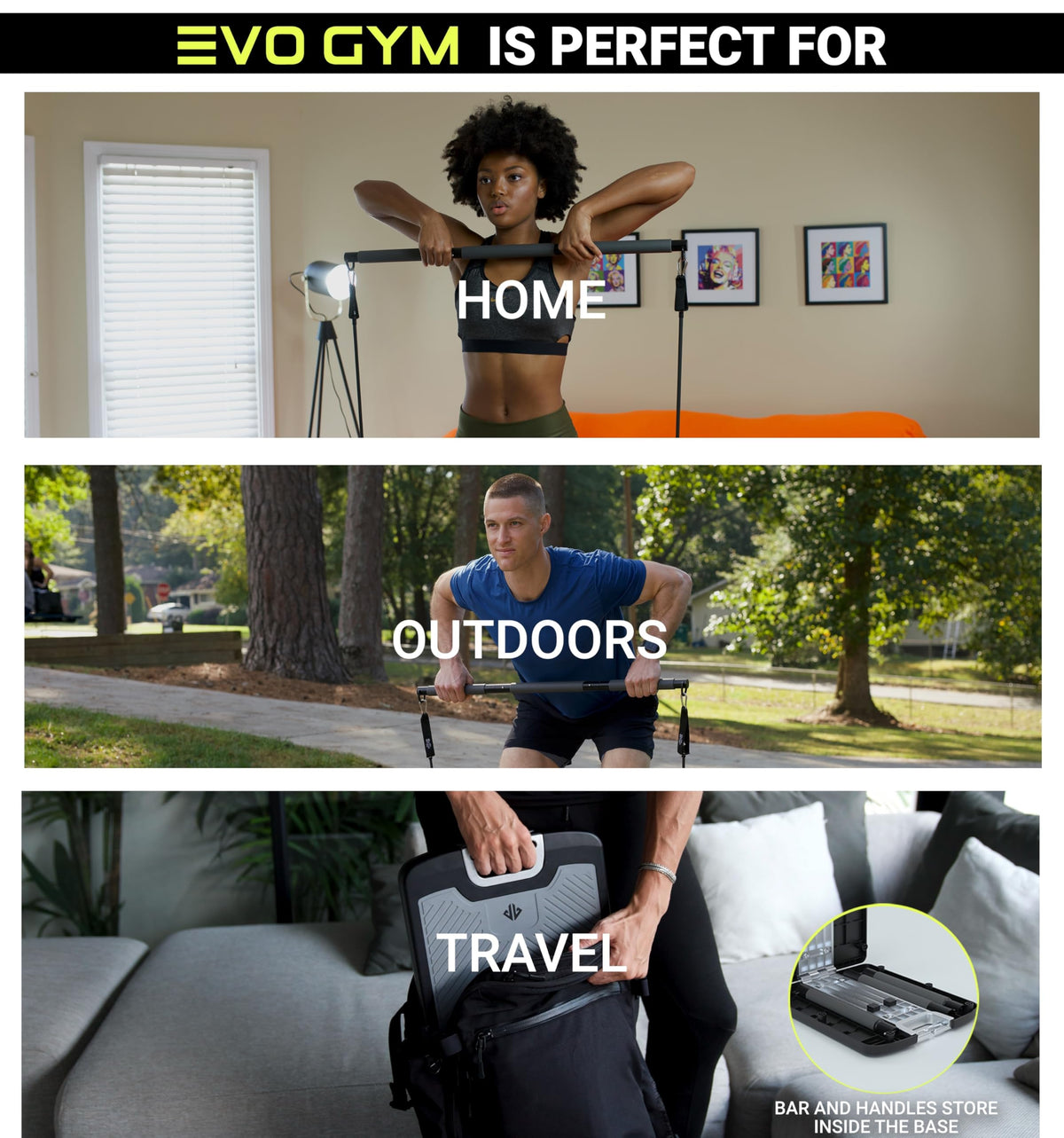 EVO Gym - Portable Home Gym Strength Training Equipment, At Home Gym | All in One Gym - 6 Resistance Bands, Base Holds Gym Bar & Handles for Travel | Portable Gym & Home Exercise Equipment | 120LBS