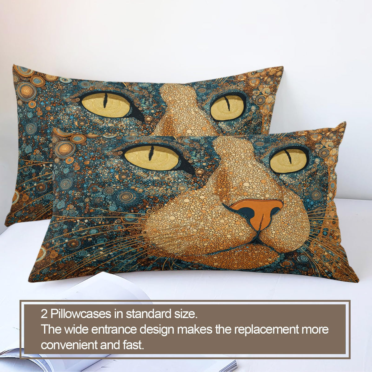 ZAMODE Cat Duvet Cover 90" x 90", Vintage Mid Century Cat Bedding Set, Boho Exotic Kitten Comforter Cover with Zipper Ties
