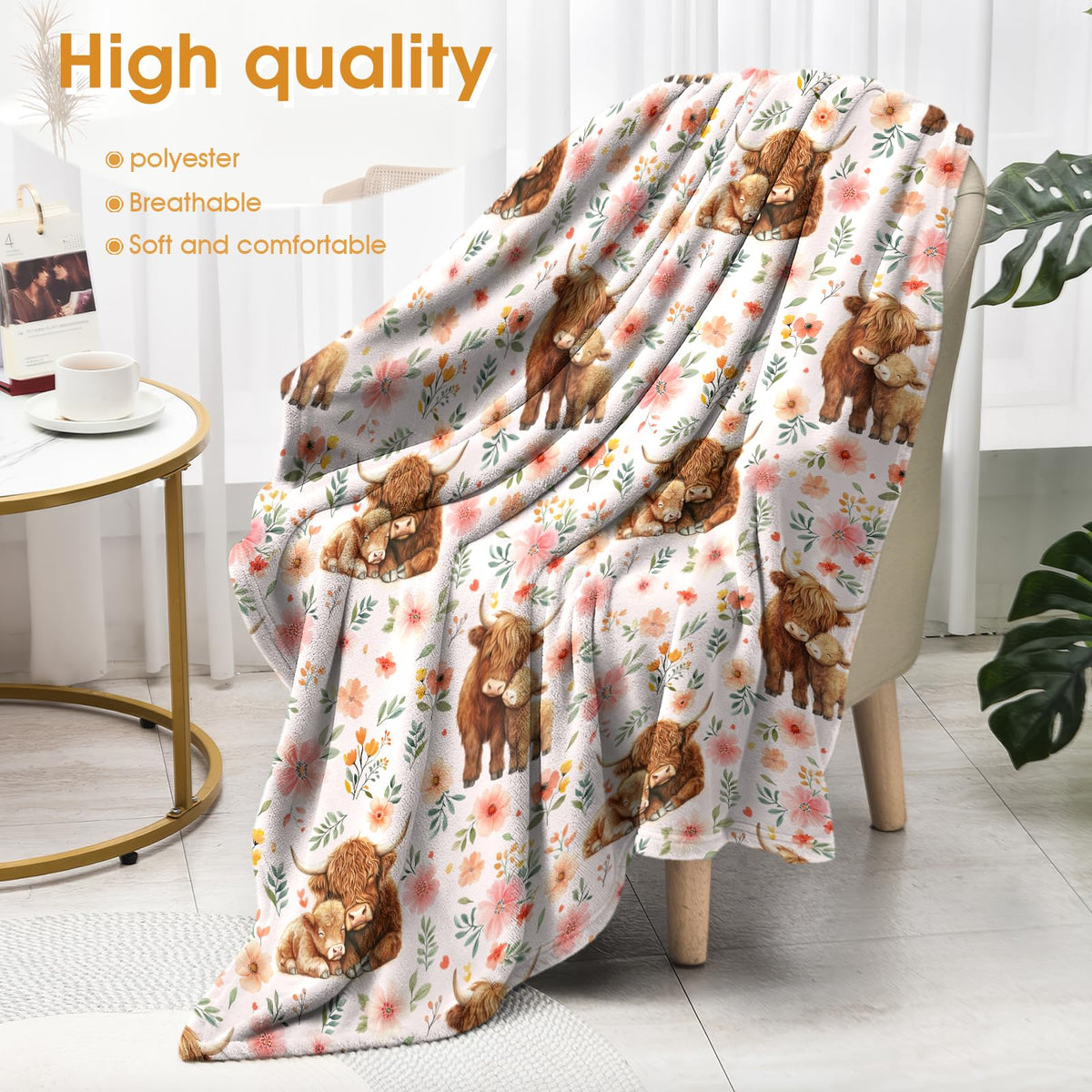 Hohoto Highland Cattle Floral Blanket Flower Gifts for Women Girls Adults Kids Men Boys Birthday Christmas Halloween Easter Wife Mom Girlfriend Dad Son Husband Spring Throw Blanket 50"x60"