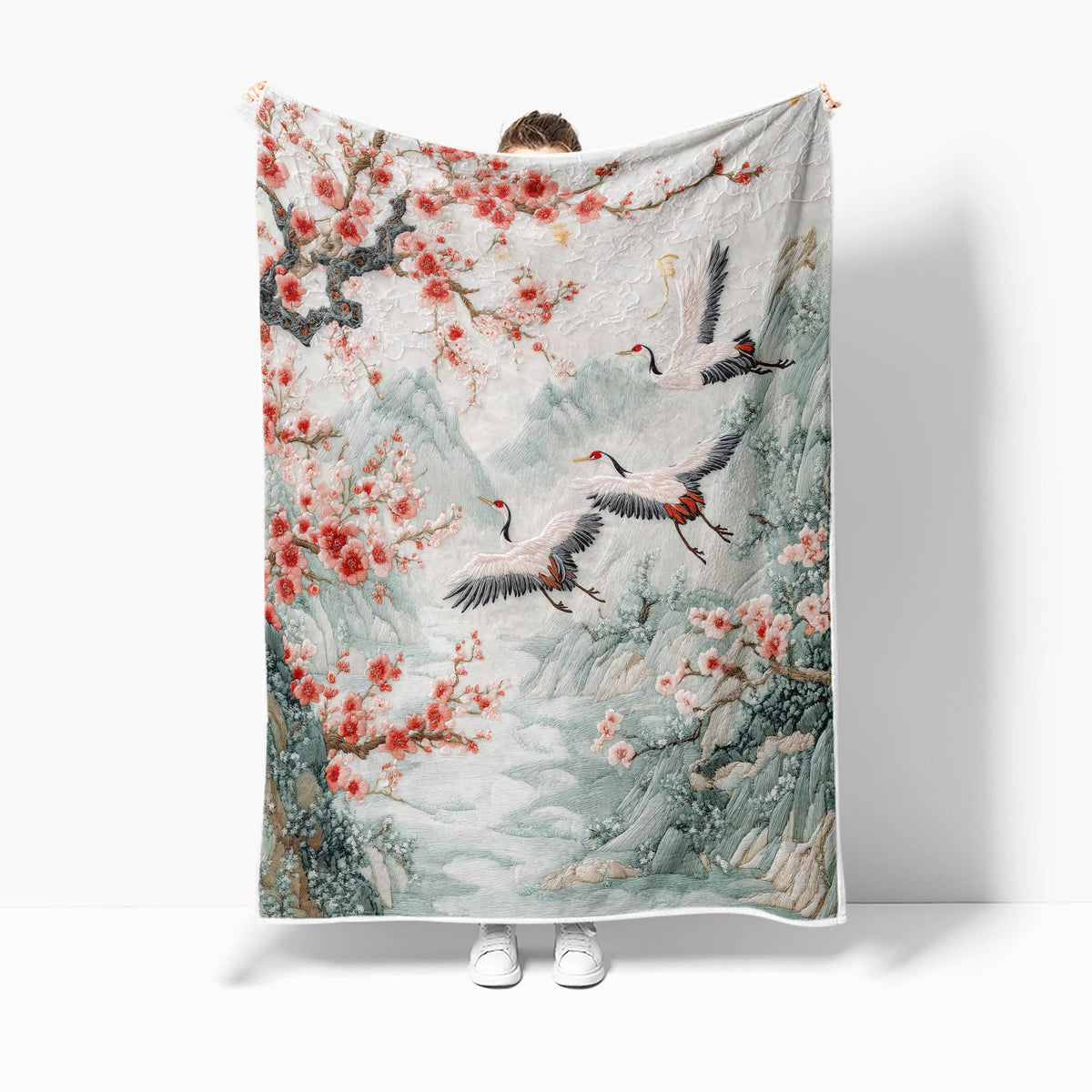 DYNH Asian Nature Landscape Crane Throw Blanket,Cherry Blossom Mountain Floral Bird Blanket for Adult Women Girls Teens, Asian Anime Plush Cozy Fuzzy Travel Blankets for Couch Bed,Multi1,50X60