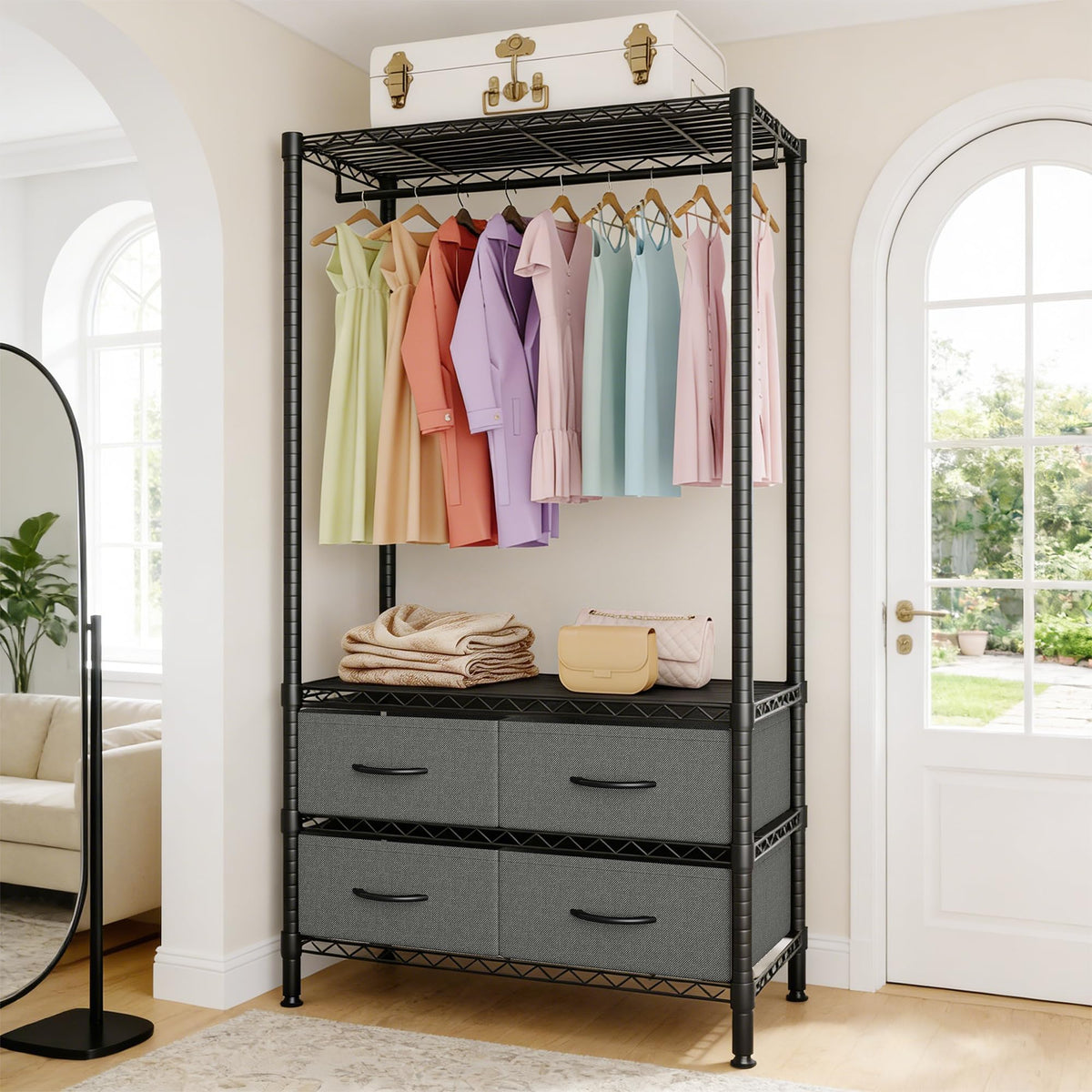 GarveeHome Portable Clothes Rack, Freestanding Garment Rack with 4 Fabric Drawers and Detachable Hang Rod, Metal Adjustable Closet Wire Clothing Racks, 35.4" Lx15.7 Wx71 H. Gray