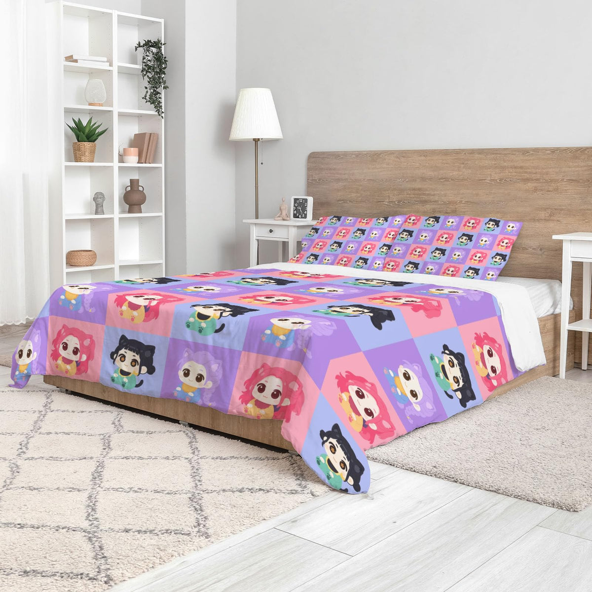 Allenjoy Cute Seamless Purple Korean Hunter Comforter Set with 1 Pillowcase for Girls Teens Women Fans Daughter Bedroom Nursery Bedding Room Decor, Machine Washable Durable Twin Size