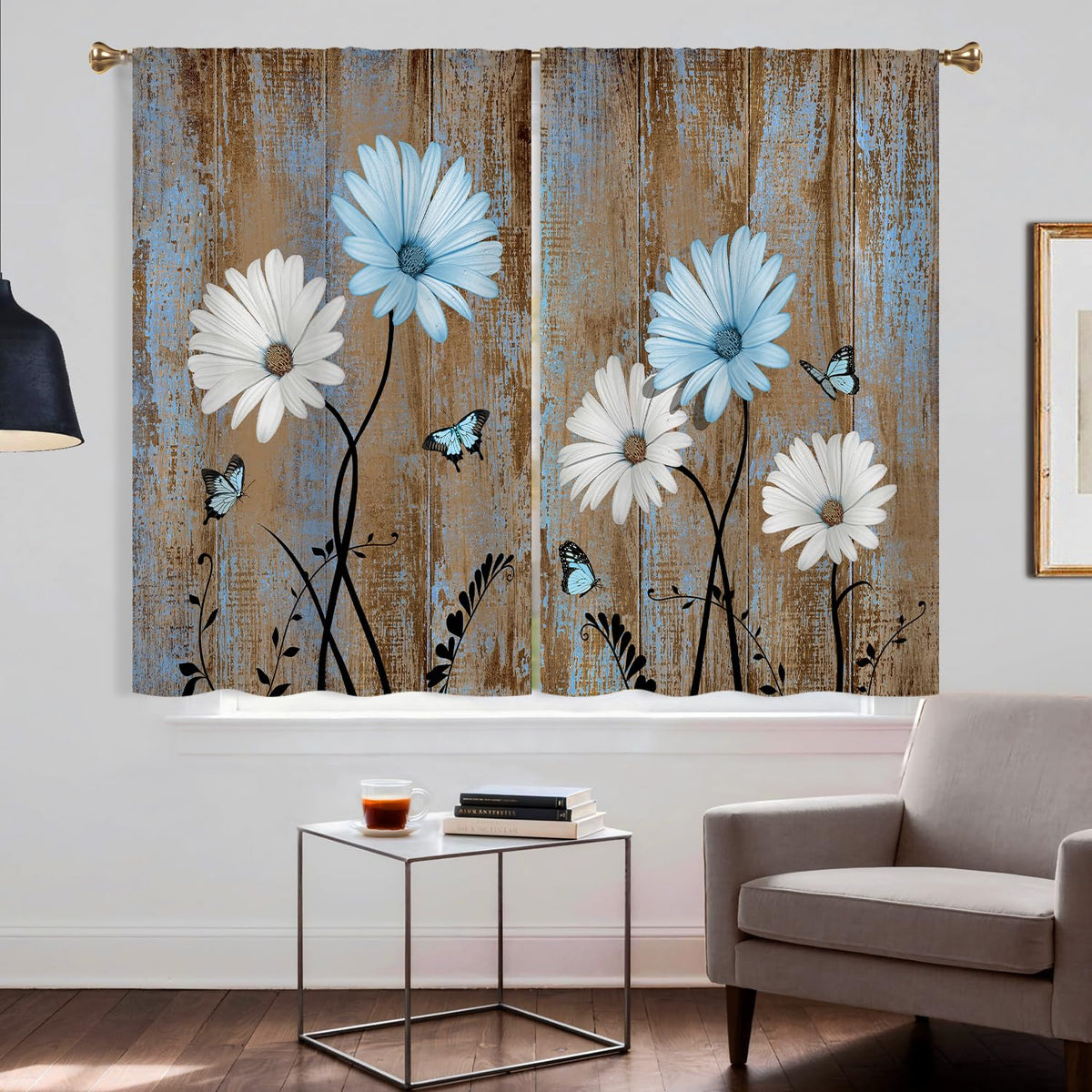 Cizuug Blue Farmhouse Daisy Curtains KitchenWooden Barn Plank Small Short Cafe Window Curtains Butterfly Rustic Country Spring Farm Bathroom Drapes Treatment Tier Curtains 2 Panels