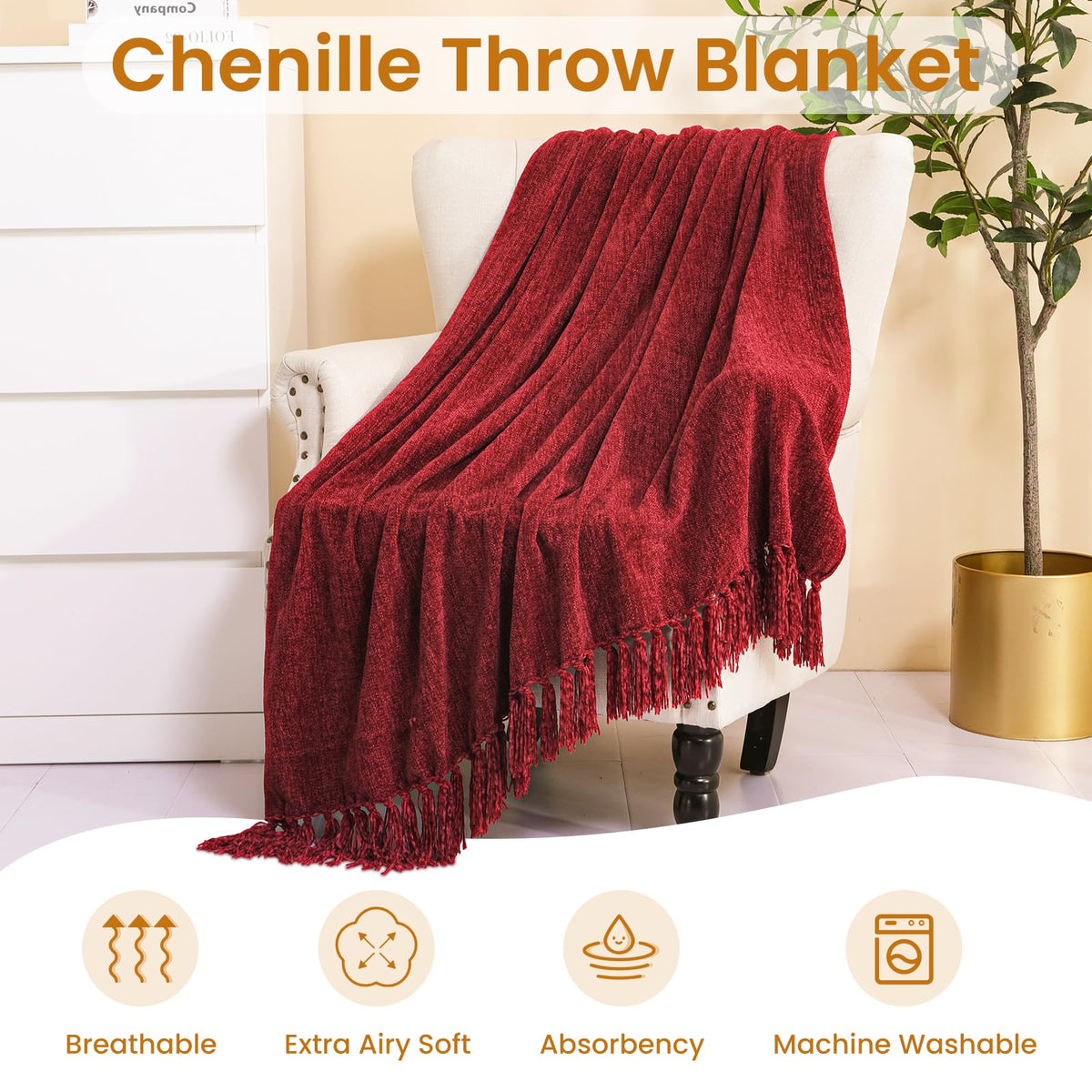Yoenillo Burgundy Red Chenille Throw Blanket for Couch Bed，Soft Cozy Throw Blanket with Handmade Fringe, Decorative Blanket for Sofa Chair Living Room for Gift, (Burgundy Red)