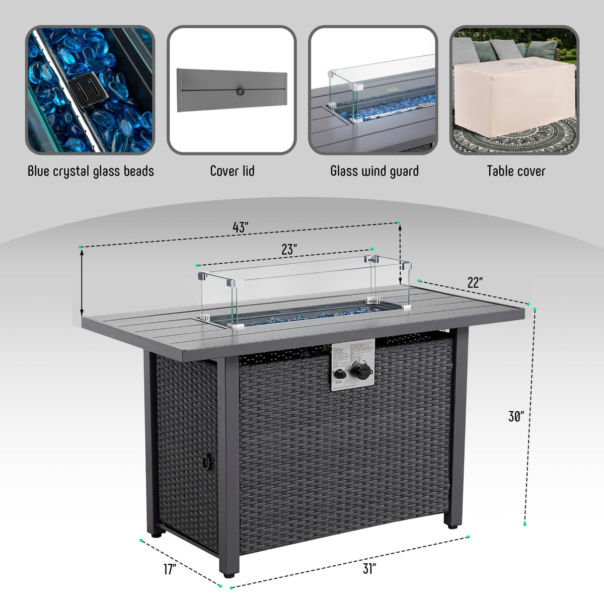 Werph 43" Propane Fire Pit Table with Rattan Fence, 50,000 BTU Gas Fire Pits for Outside Patio with Auto-Ignition, 2-in-1 Fire Table with Natural Lava Rock, Wind Guard& Removable Lid, Black