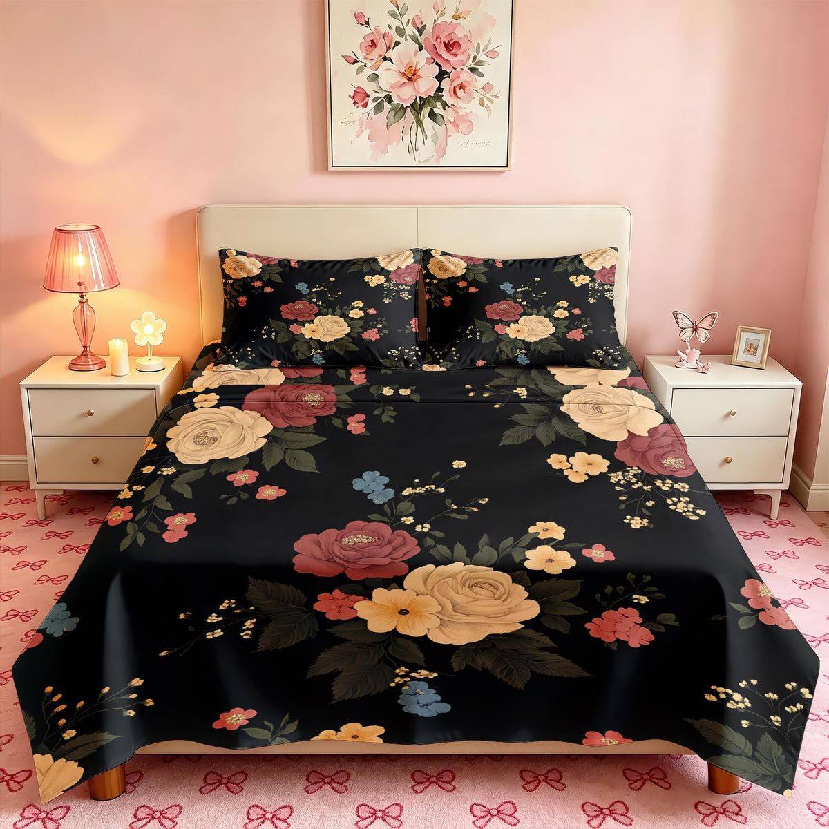 Peony Floral Bedding Set 4 Pcs Flowers Queen Sheets