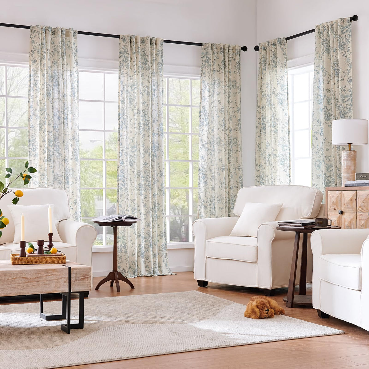 jinchan Linen Blend Curtain Floral Curtains for Living Room 84 Inch Length Blue Printed Curtain Rod Pocket Back Tab Farmhouse Peony Flower Patterned Drapes Bedroom Window Curtains Set 2 Panels