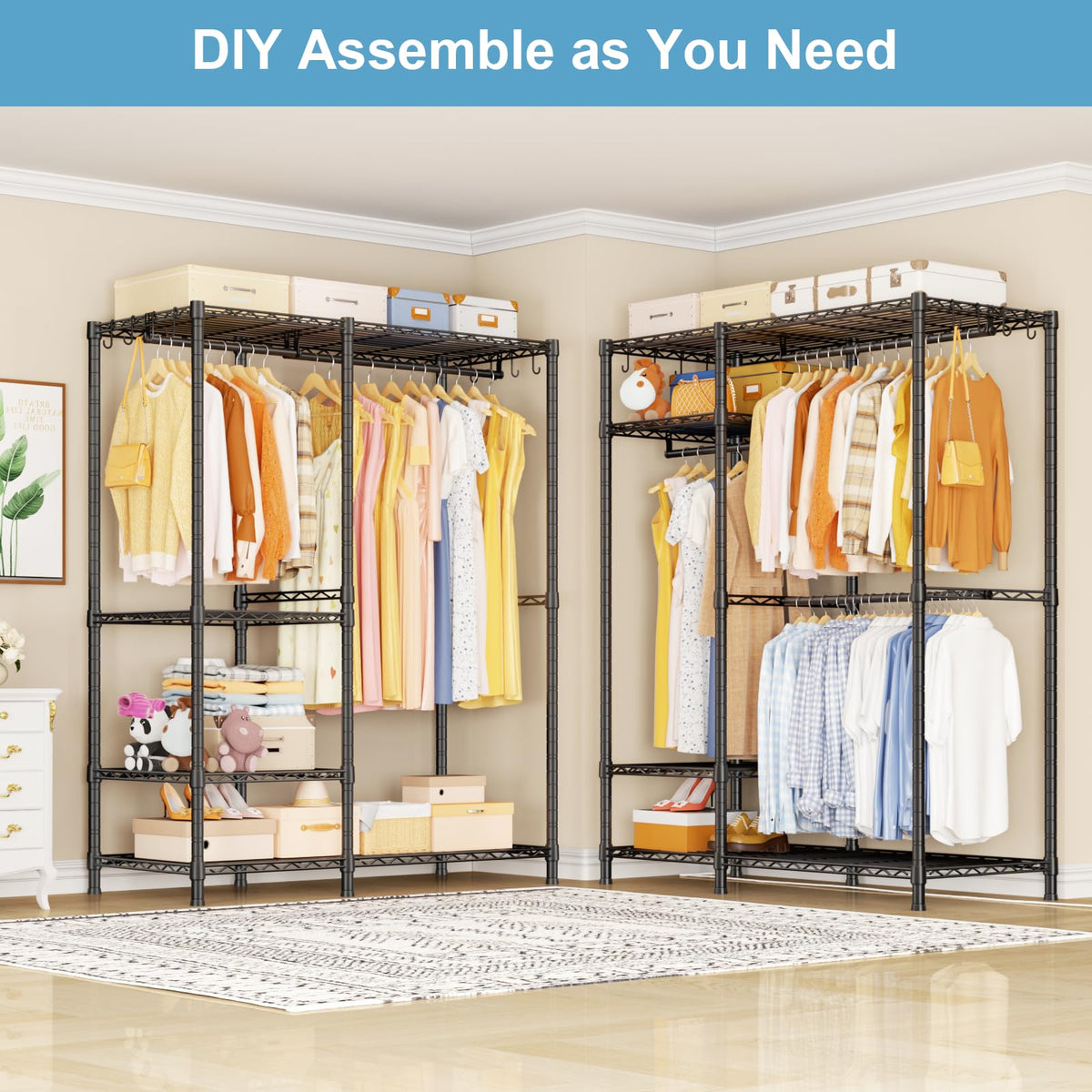 Ulif F7 Medium Garment Rack, Heavy Duty Clothes Rack, Clothing Racks for Hanging Clothes, 6-Tiers Freestanding Portable Closet Storage Rack 45'' W × 14.6'' D × 76.6'' H, Max Load 750 Lbs, Black