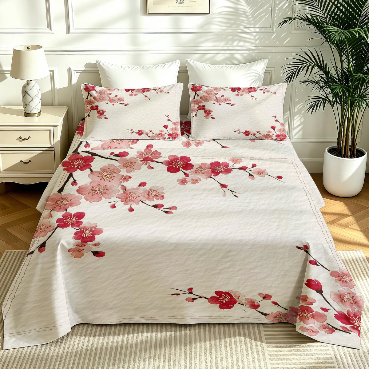 Cherry Blossom California King Sheet Set Red Flower Flat Fitted Sheet Sets