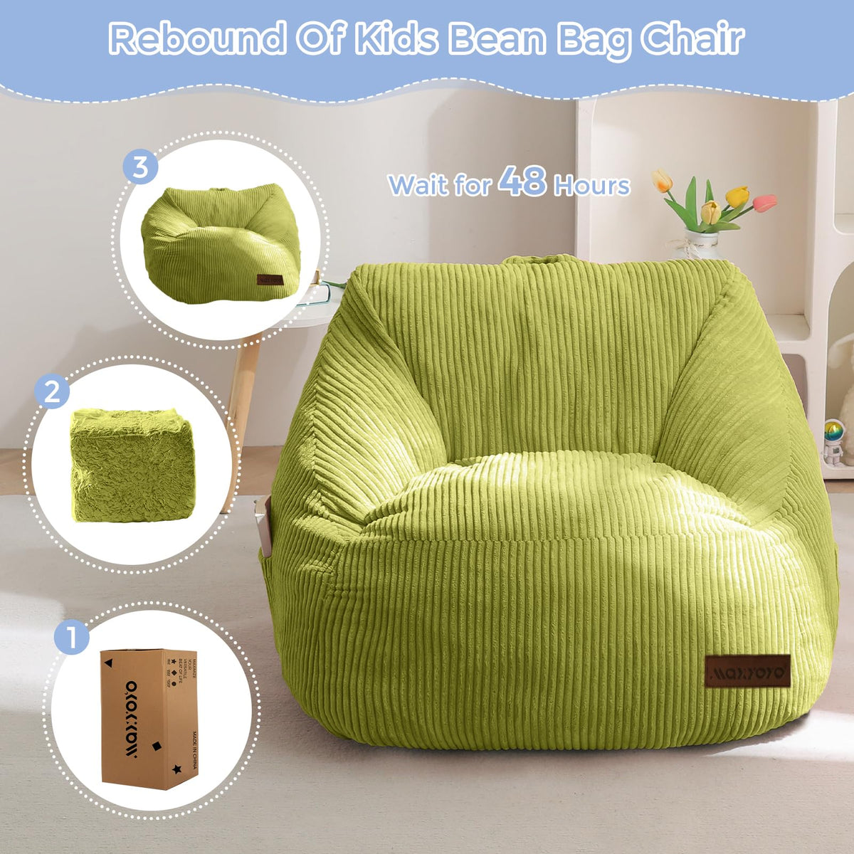 MAXYOYO Kids Bean Bag Chair, Bean Bag Couch with Handle, Comfy Toddler Chair for Boys and Girls, Accent Sofa Chair with Pocket for Gaming Reading Relaxing, Green