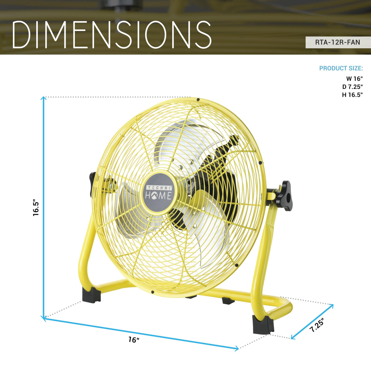 Techni Home 12” Rechargeable 4000mAh High Velocity Cordless Fan with Up to 43.5-Hour Runtime, Ideal for Camping, Emergency Use, or Home Cooling, Yellow
