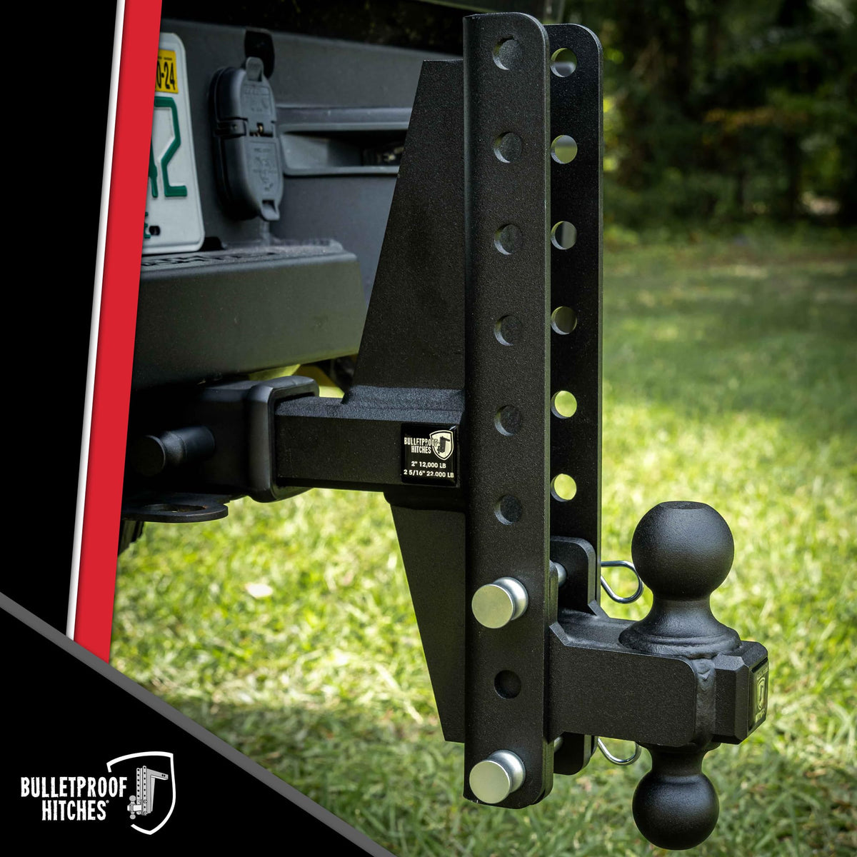BulletProof Hitches - 2.5" Adjustable Heavy Duty Trailer Hitch (22,000 lb. Rating) - Offset 4" and 6" Drop/Rise Trailer Hitch with 2" & 2-5/16" Dual Ball Powder Coat, Solid Steel, Corrosion-Resistant