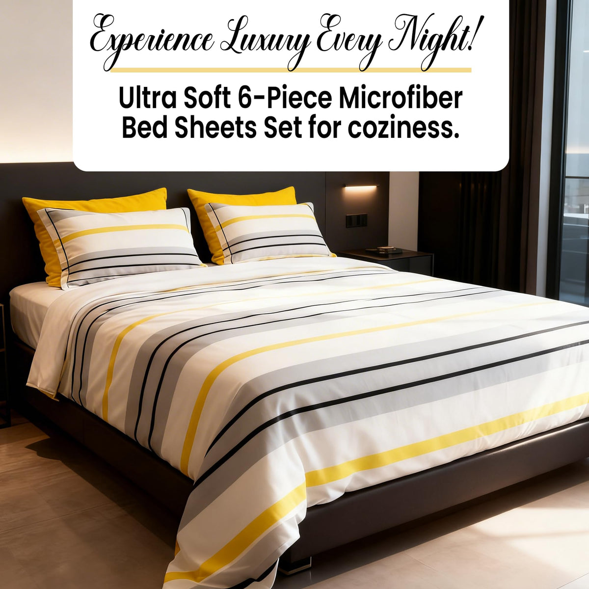 Spirit Linen home 6-Piece Queen Size Bed Sheet Set - Deep Pocket, Striped Pattern, Soft and Breathable Bed Sheets, Microfiber Material, Includes 1 Fitted, 1 Flat, 4 Pillowcases - Grey/Yellow Stripe