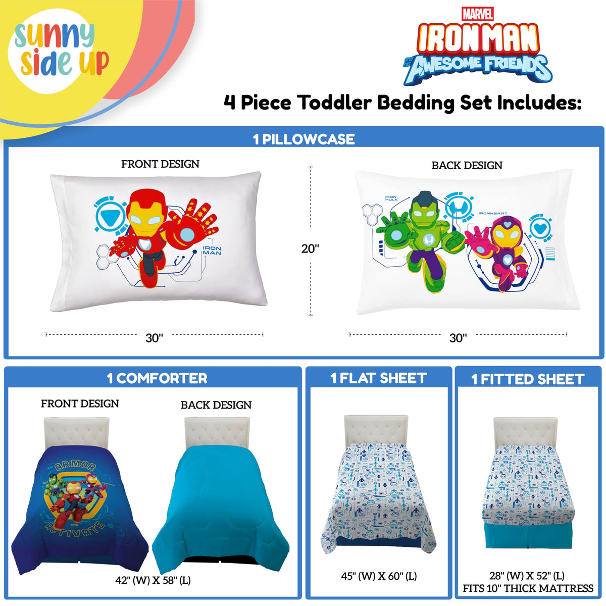 Sunny Side Up Kids Comforter Set Includes Sheets and Pillow Covers - Soft and Cozy Bed Set for Stylish Room Decor, Blue - Iron Man and His Awesome Friends, 4 Piece Toddler Bed Frame Size Bedding