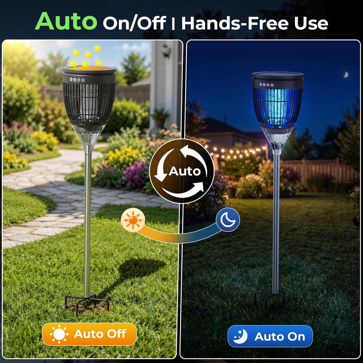 Solar Bug Zapper Outdoor, 3 in 1 Solar Mosquito Zapper with Flame, Projection Mode, Auto On/Off, Grounding Bracket, IPX5 Waterproof, Solar Powered Mosquito Trap for Paito Backyard Garden Camping