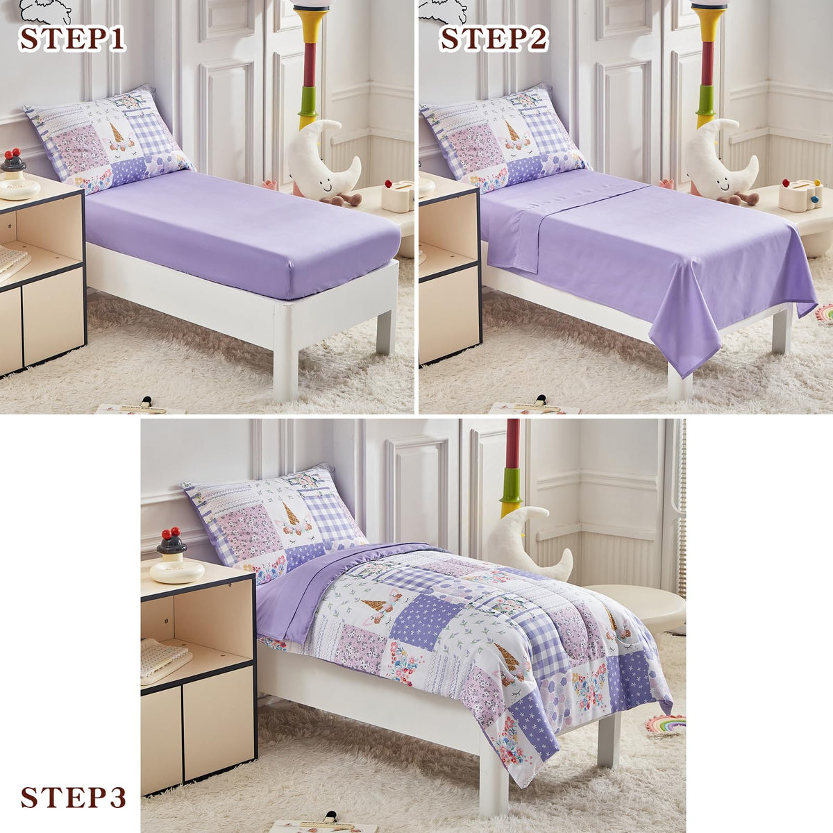 Joyreap 4 Piece Toddler Bedding Set- Purple Butterflies Flowers Patchwork Toddler Comforter Set, Includes Quilted Comforter, Fitted Sheet, Top Sheet, and Pillow Case
