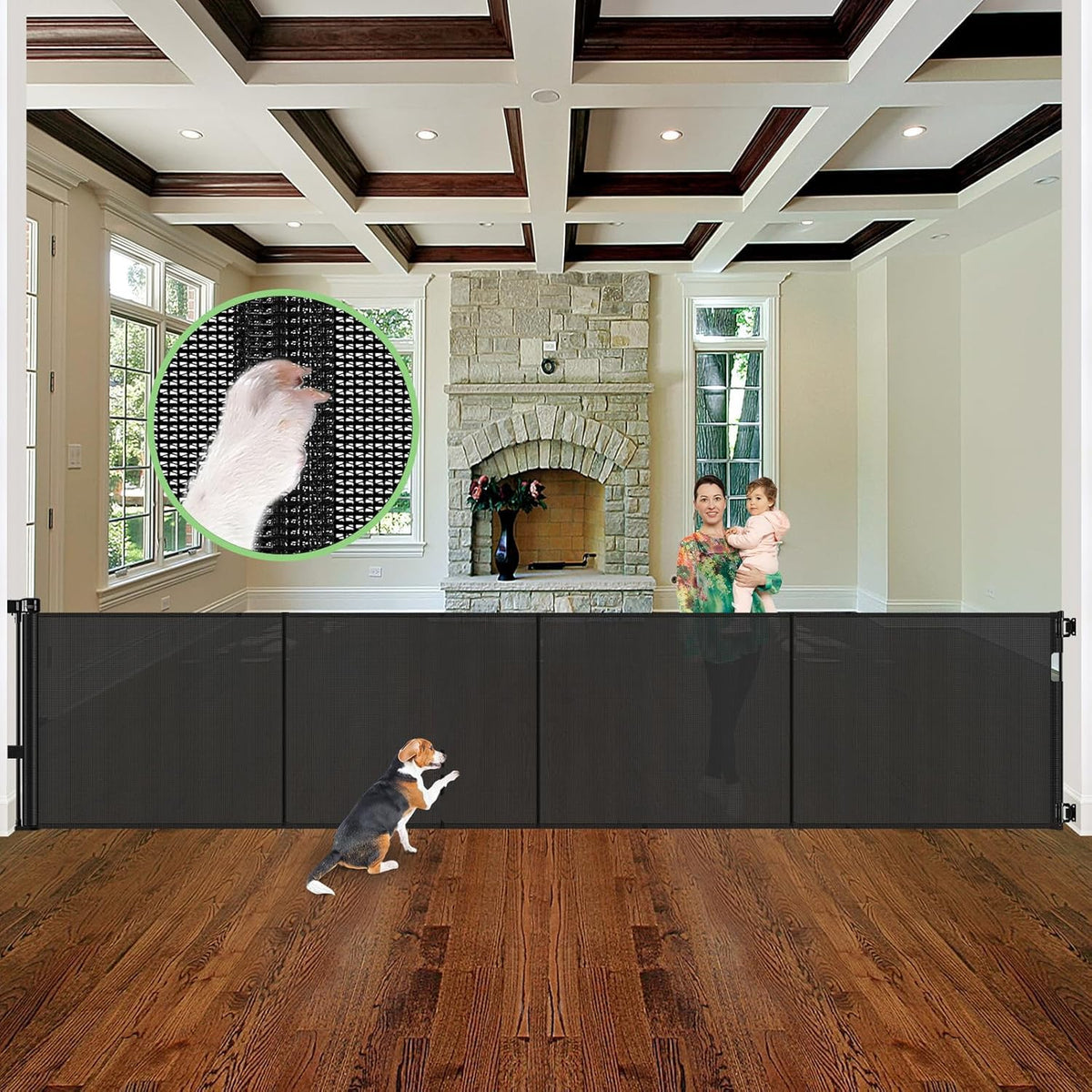 Reinforced 155" Extra Wide Baby Gate Retractable Dog Gate with Support Rods – Prevent Crawling Under, 13ft Retractable Baby Gates Long Gates for Kids or Pets Retractable Gate, Black