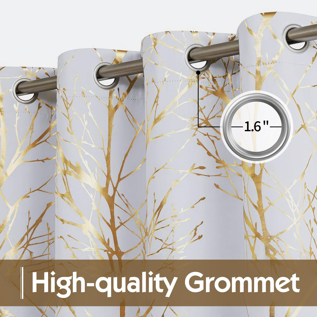 FMFUNCTEX 100% Blackout Curtains White Gold Tree for Living Room, Curtains 84 Inches Long Foil Branch Patterned Panels for Bedroom, Thermal Insulated Drapes for Home Office Grommet Top 2 Panels