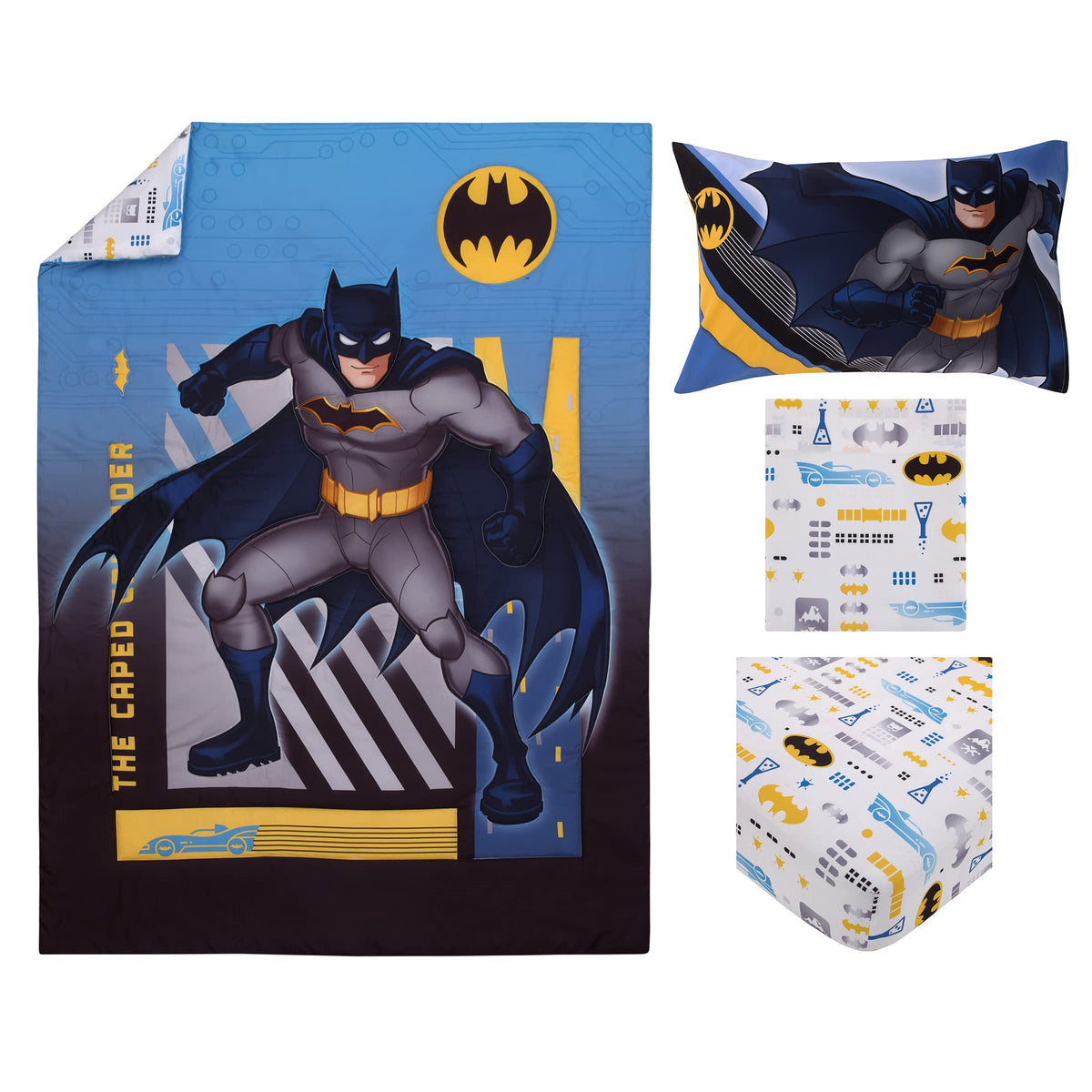 Warner Brothers Batman The Caped Crusader Navy, Gray, and Yellow Bat-Signal 4 Piece Toddler Bed Set - Comforter, Fitted Bottom Sheet, Flat Top Sheet and Reversible Pillowcase