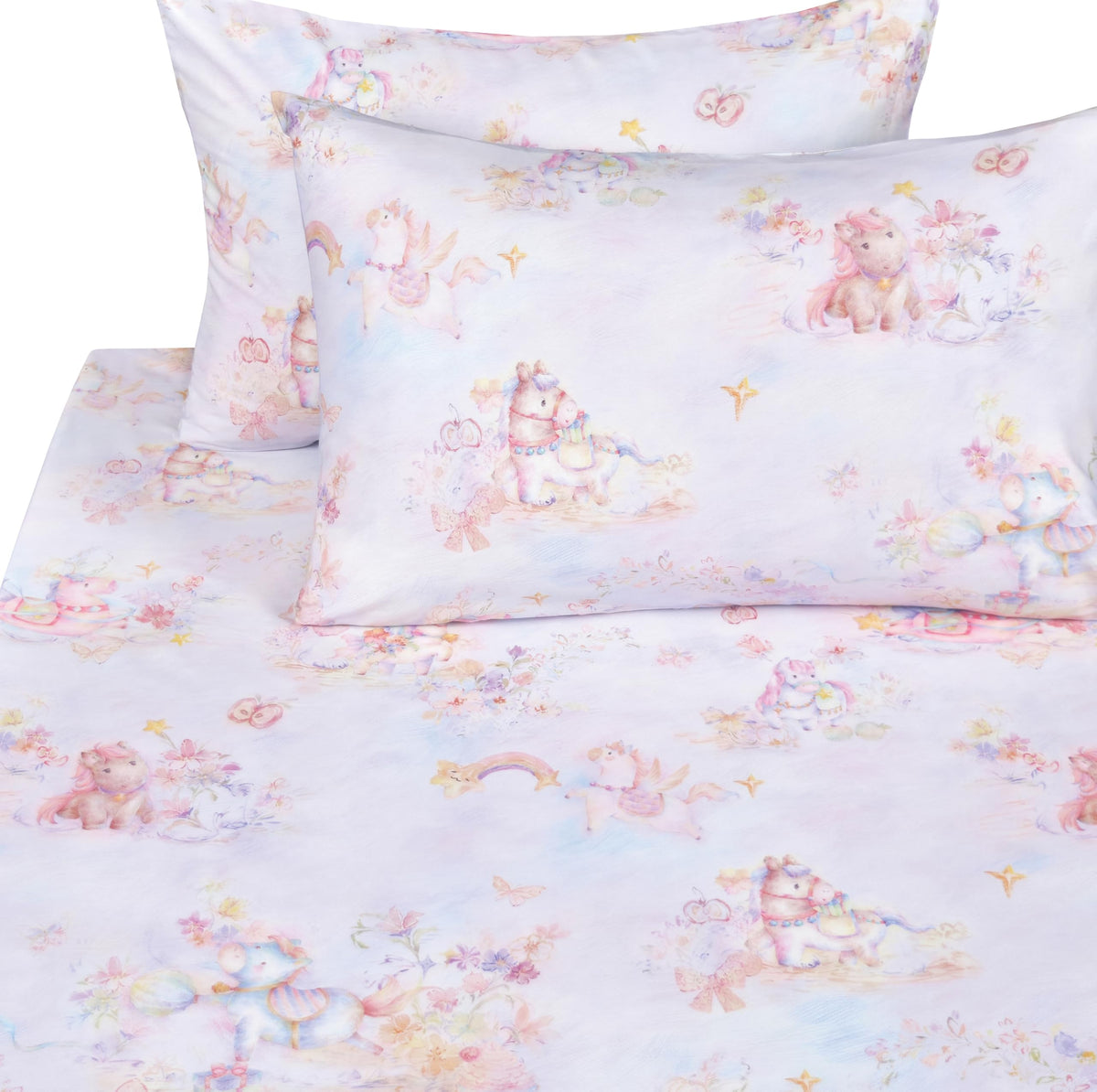 Scientific Sleep Pastel Unicorn Pony Horse Flower Fairy Tale Cute Adorable 100% Cotton Bed Sheet Set Kids Boys Girls Teen, Flat Sheet & Fitted Sheet & Pillowcase Bedding Set (Pretty Pony, Full)