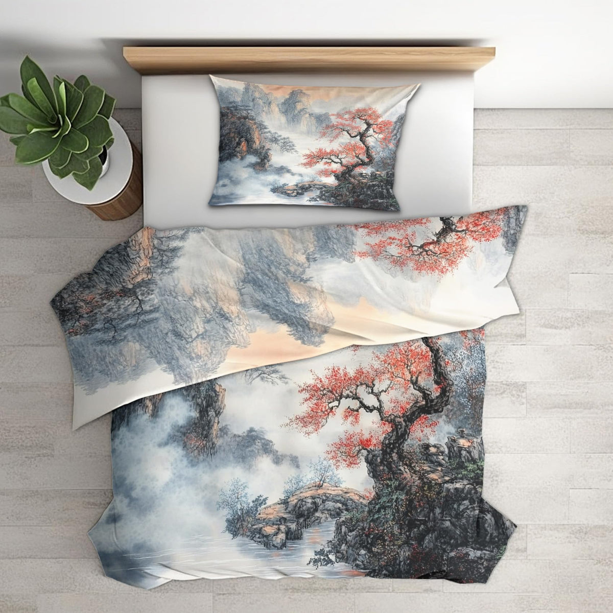 zcwl Chinese Landscape Duvet Cover Oversized King Size | Mountain Tree Bedding Set | 3 Piece | Soft Microfiber Patterned Comforter Cover with Zipper Ties & 2 Pillowcases | Nature Scenery Bedroom Decor