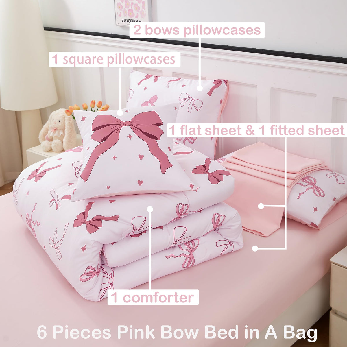 ANGIYUIN Pink Bow Full Size Comforter Sets, Ribbon Bow Knot Girls Bedding Set, 6 Pieces Lover Hearts Stars Kids Bed in a Bag with Sheets(Bow Full)