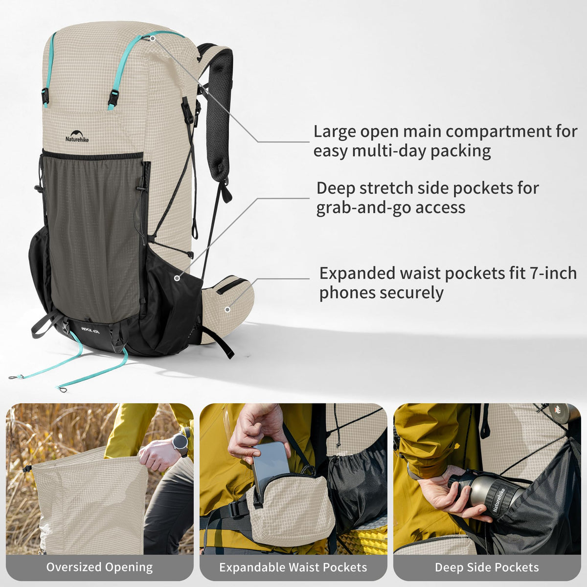 Naturehike 60L Rock 2.0 Upgraded Internal Frame Hiking Backpack for Outdoor Camping Travel Backpacking, Ultralight with Rain Cover Backpack for Adults(White/L/60L)