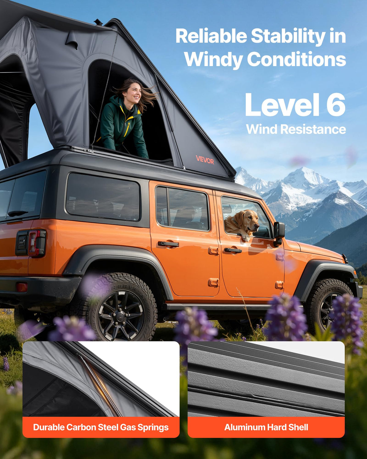 VEVOR Rooftop Tent Hard Shell, 2-3 Person Aluminum Roof Top Tent Hardshell with Tri-Color LED Light, Thick Mattress & 1 Window, Waterproof Windproof Overland Camping Car Roof Rack for Jeep SUV Pickup