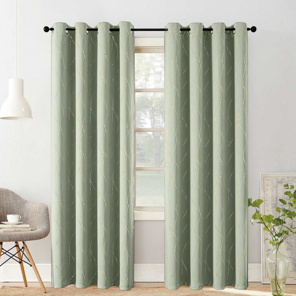 BUHUA Blackout Curtains Gold Foil Print Wave Line and Dots Grommet Drapes, Room Darkening Thermal Insulated Curtains, Noise Reducing Curtain for Bedroom, Sage Green, 52Wx84L, 2 Panels