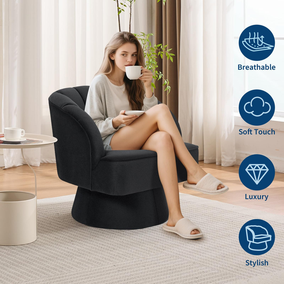 Garvee Ultra-Plush Swivel Accent Chair, 360° Barrel Lounge Chair with Cloud-Like Padding & Modern Striped Backrest, Velvet Upholstered Round Armchair for Living, Bedroom Reading Nook - Black