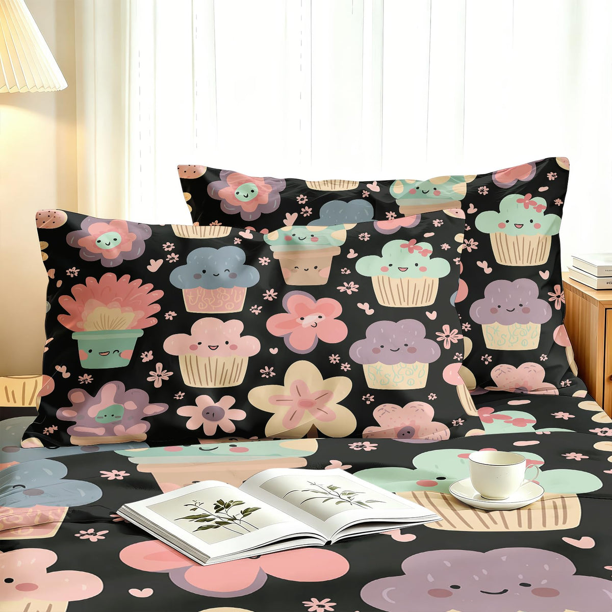 Girls Flower Bedding Set 4 Pcs Kawaii Food King Sheets