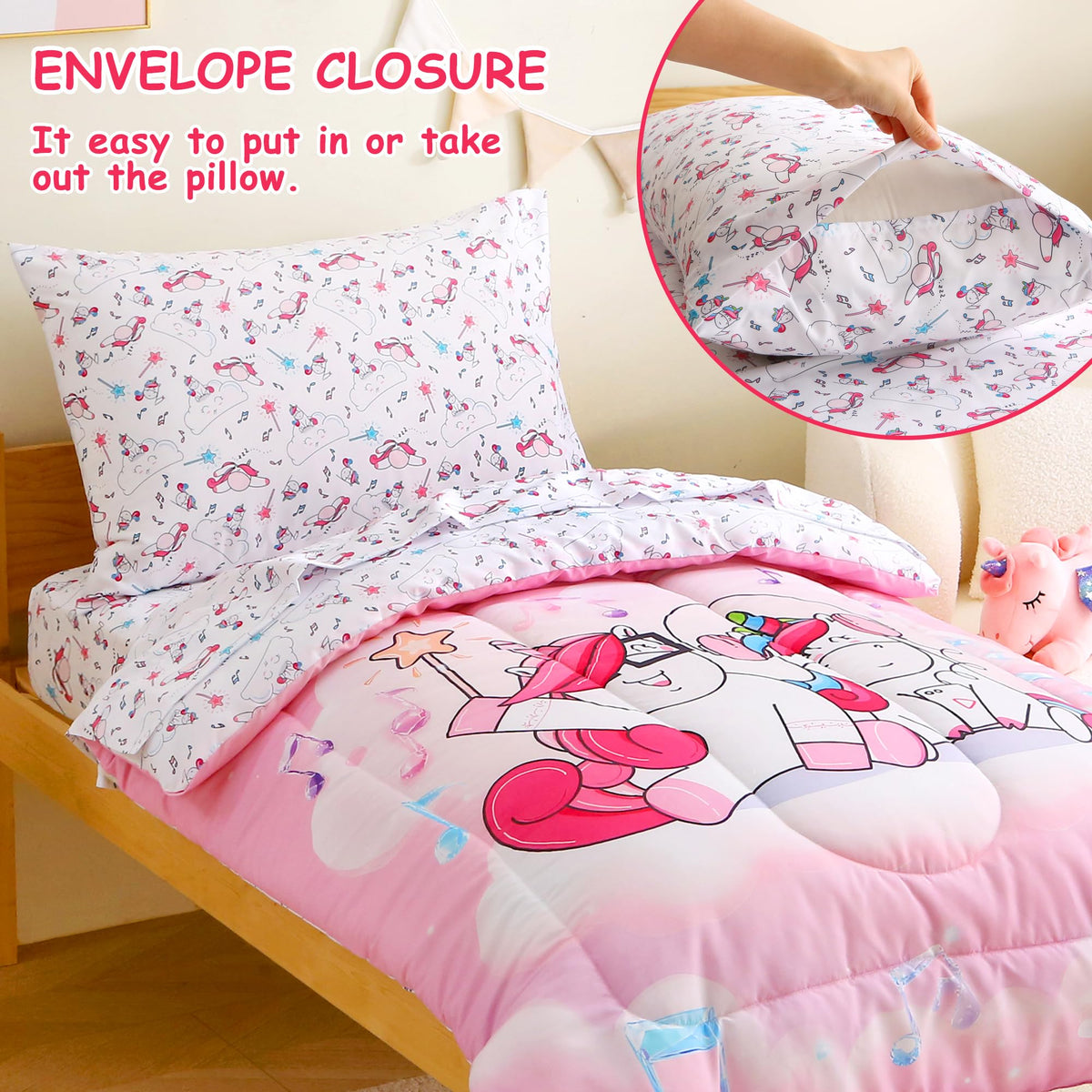 Mooreeke 4 Pieces Toddler Bedding Set - Pink Purple Music Unicorn Toddler Comforter Sets for Girls, Includes Comforter, Flat Sheet, Fitted Sheet and Pillowcase, Bed in A Bag for Baby Bedroom