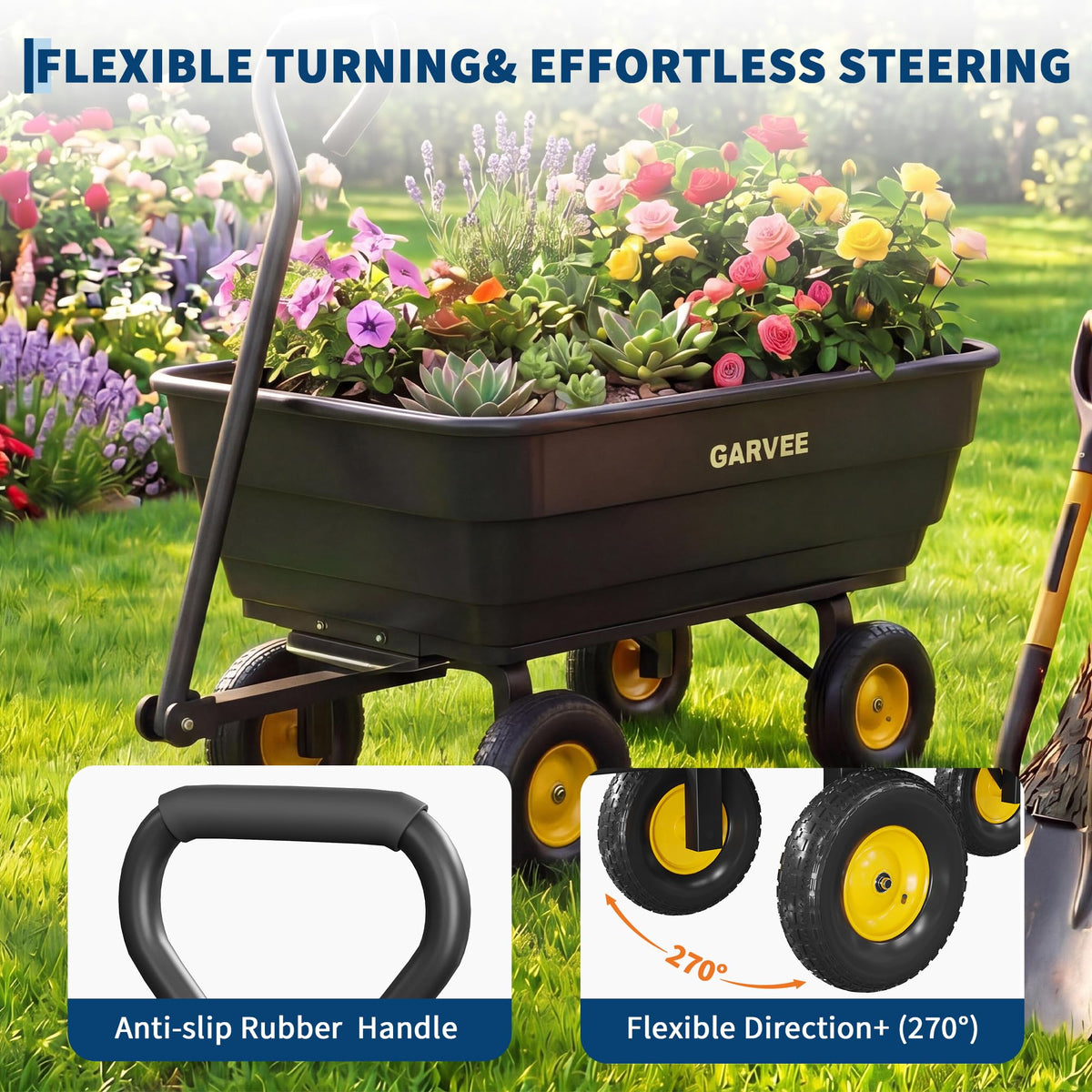 Garvee Poly Garden Dump Cart, Heavy Duty 600lbs Wheelbarrow Yard Cart Dump Wagon with 10”All Terrain Wheels, Garden Utility Wagon with Quick Release System& Convertible Handle Attach to ATV (Black)