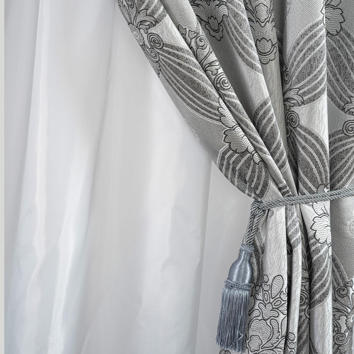 Petrichor Elegant Curtains with Gold Silver Threads 2 Panels Set - Luxury Window Treatment Attached Valance, Sheer Backing, and 2 Tie Backs for Bedroom and Living Room, 54x84 inches, Silver