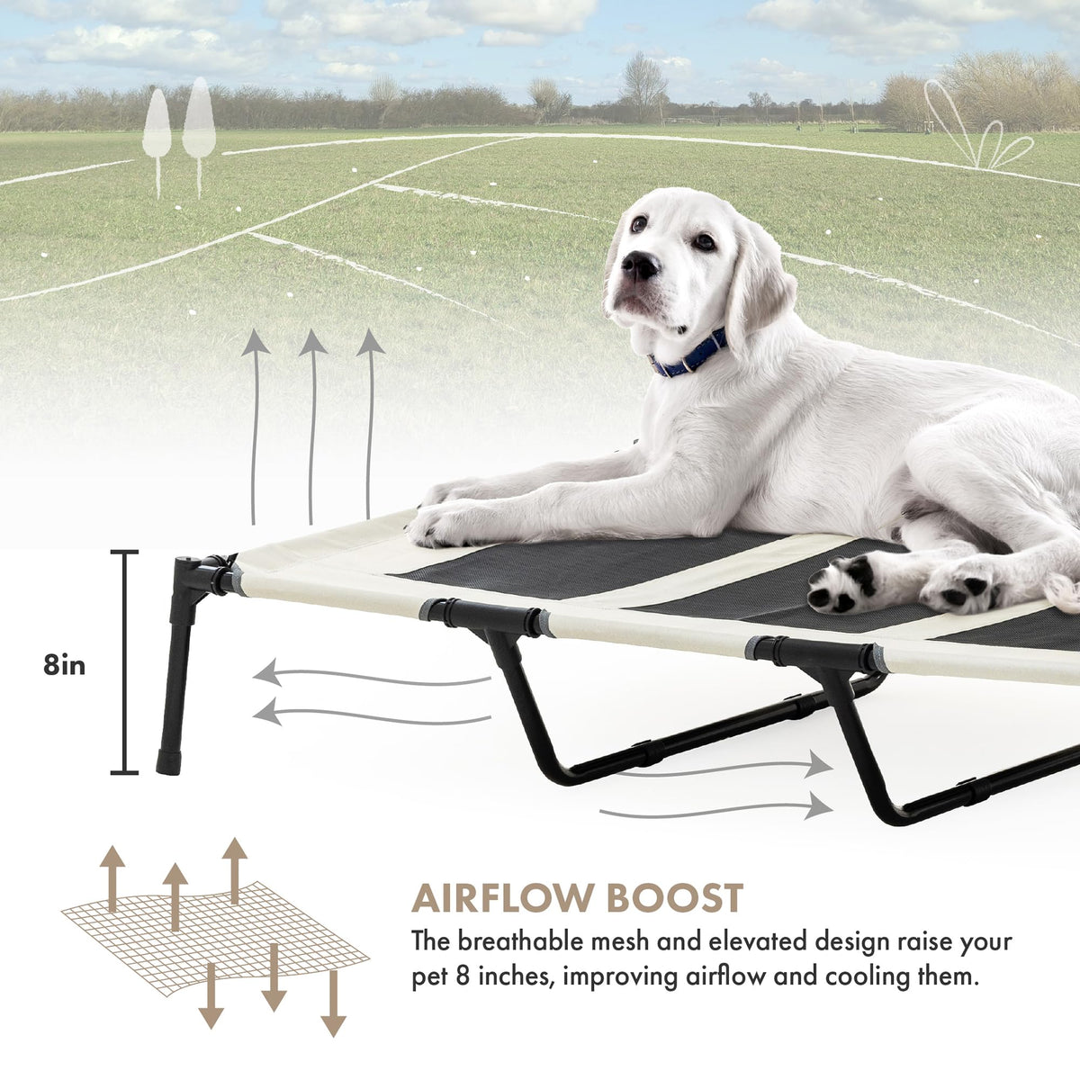 GrandTies Cooling Elevated Dog Bed with Canopy – XL Portable Pet Cot for Outdoor & Indoor Use – Waterproof Removable Shade, Breathable Mesh, Slip-Resistant Feet, Easy Assembly – Ivory White