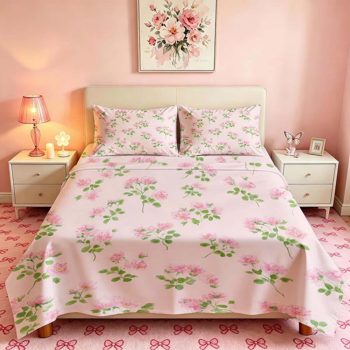 Pink Flower Queen Sheet Set Botanical Flat Fitted Sheet Sets