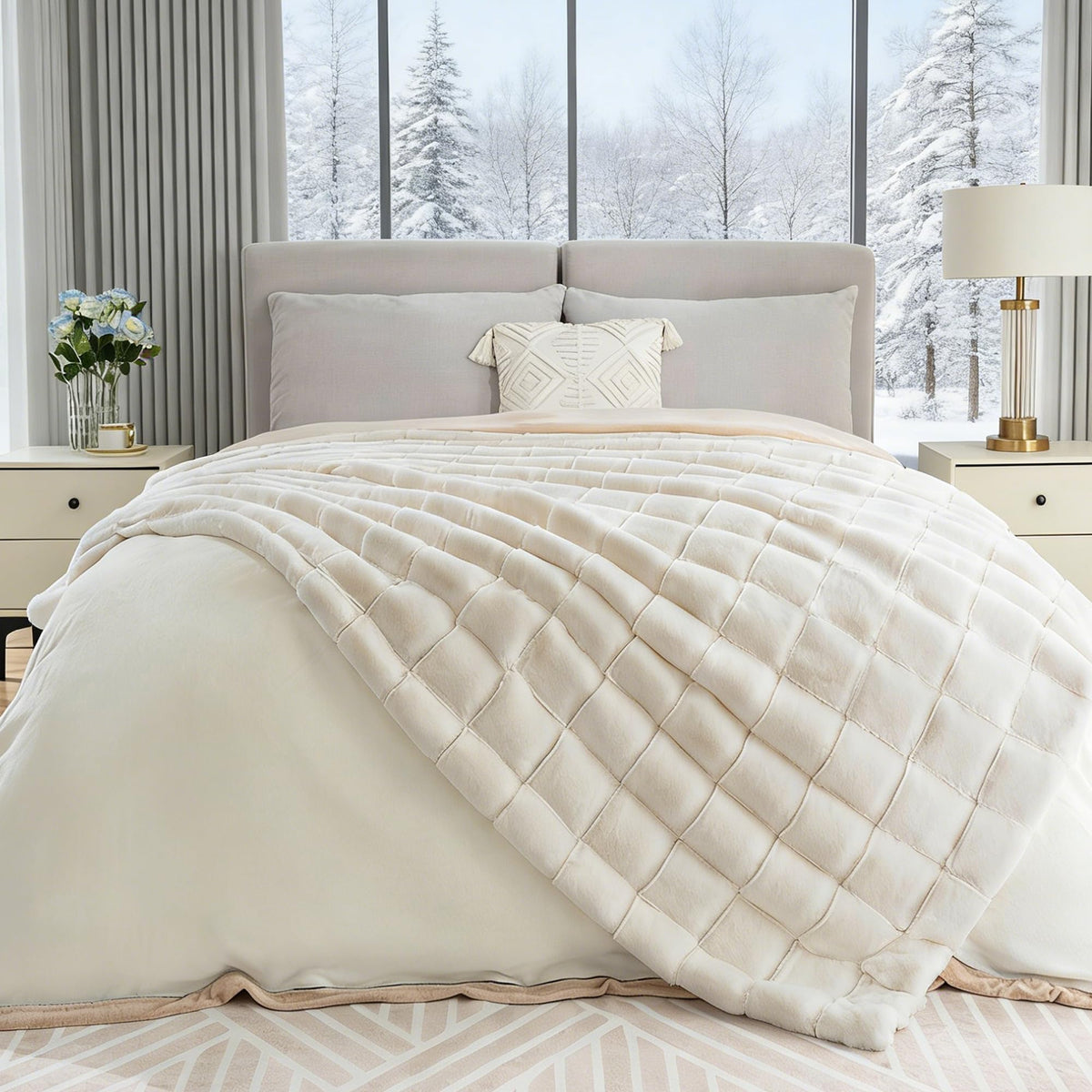 Touchat Faux Fur Throw Blanket, Luxury 1000GSM Ultra Thick Warm Rabbit Blanket for Couch Bed Sofa, 3D Checkered Pattern Soft Winter Heavy Minky Fluffy Blankets for Women Christmas Birthday Gift, White