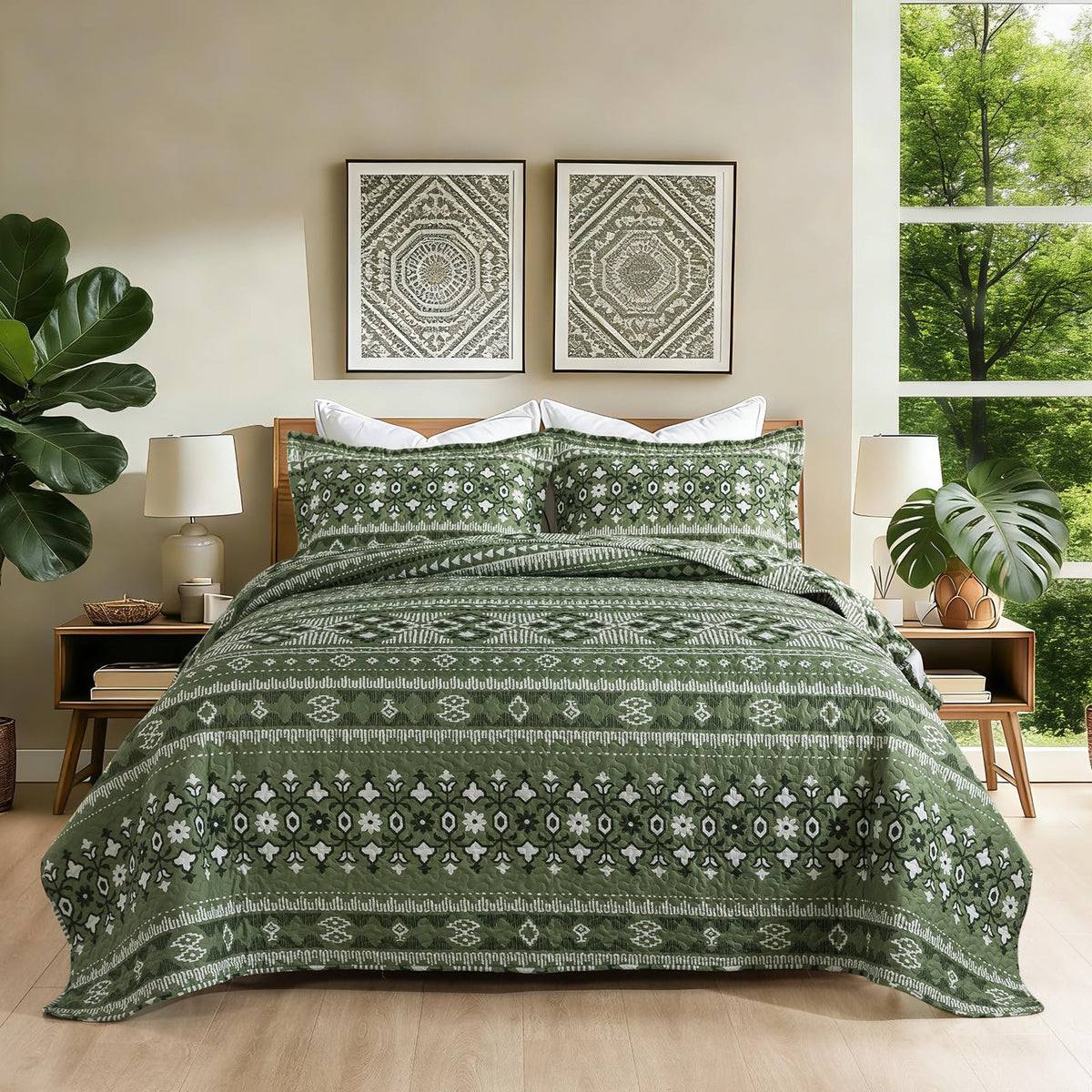 BEDIFANY Green Queen Comforter Set 3 Pieces, Boho Microfiber Queen Size Quilts for Bed, Lightweight Quilted Bedspread for All Season, Olive Green