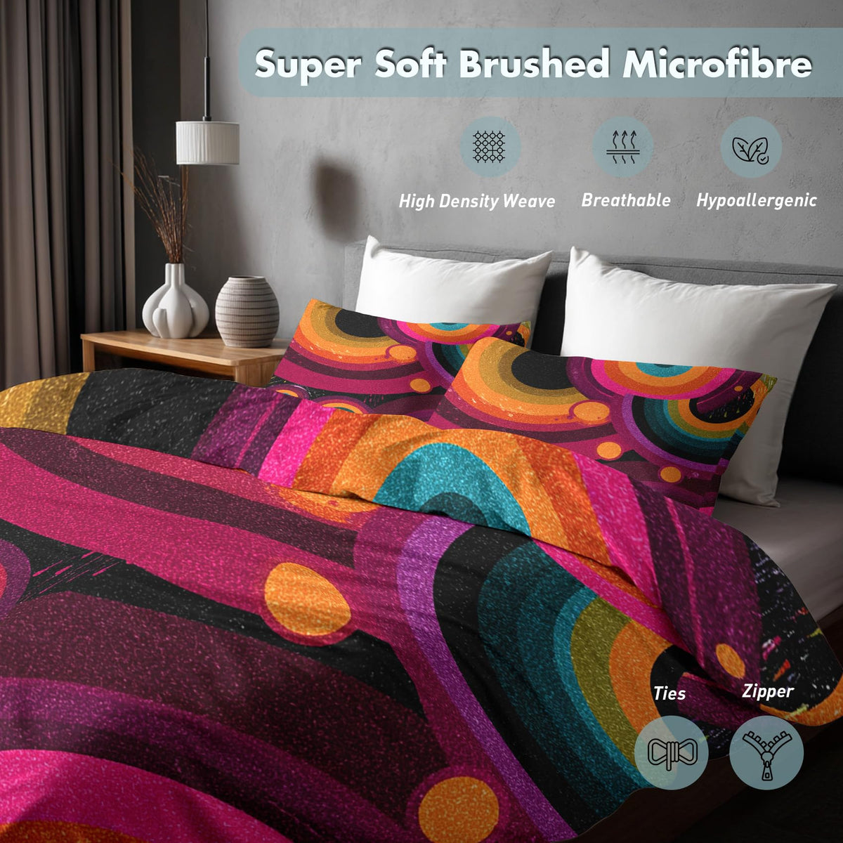 Abstract Geometric Queen Duvet Cover Set 3 Piece, Retro Circle Swirl Reversible Bedding with 2 Pillow Shams, Zipper & Ties, Ultra Soft Microfiber, Abstract Bedroom Decorations 20A-L