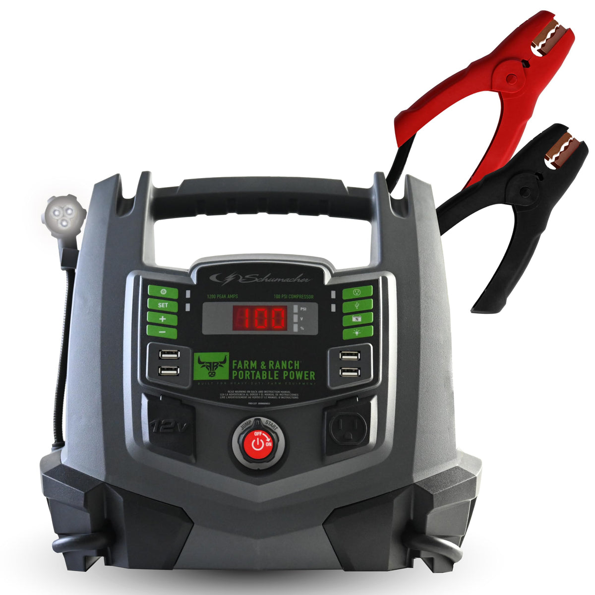 Schumacher Electric Farm & Ranch 1200A Car Battery Jump Starter and Portable Power Station, 5-in-1 Solution for 12V Batteries, 100-PSI Air Compressor, 200 Continuous/400 Peak Watt Inverter, FR01337