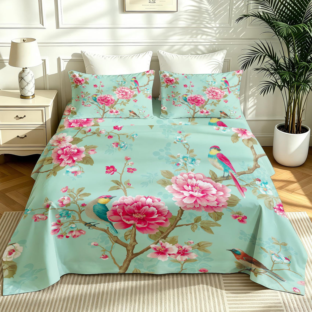Bird and Peony Bedding Set 4 Pcs Chinoiserie Full Sheets